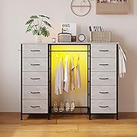 Vista 10 de LUMTOK Cómoda 2 en 1 de 55" de ancho con perchero colgante, cómoda de 10 cajones para dormitorio, cómodas con cajones blancos con luces LED