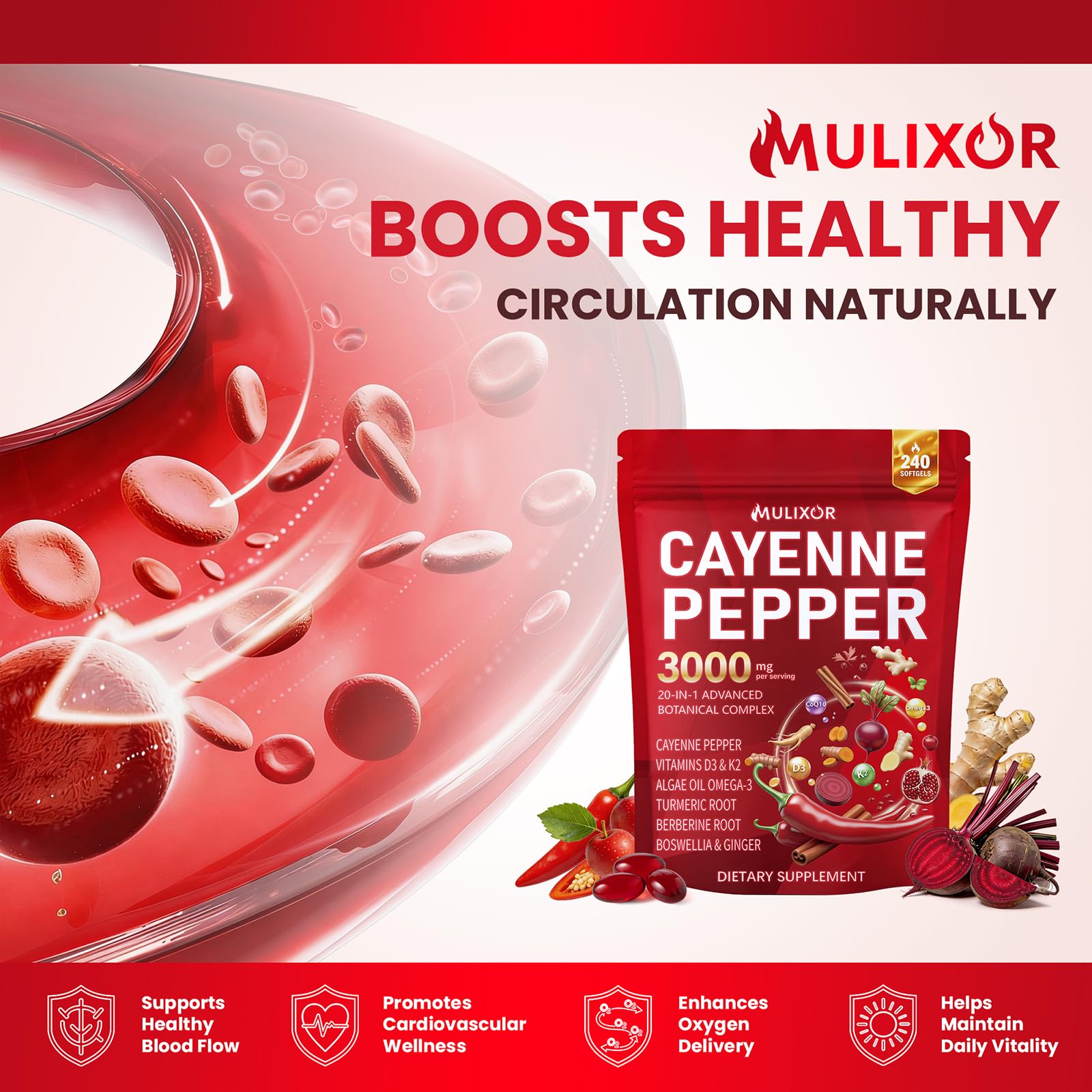 Cayenne Pepper Softgels, 20-in-1 Cayenne Pepper Capsaicin Supplements with D3 K2 E, CoQ10, Omega 3, Turmeric, Beet Root, Berberine, Supports Circulation & Metabolism, 240 Softgels 80-Day Supply — Amazon image 4