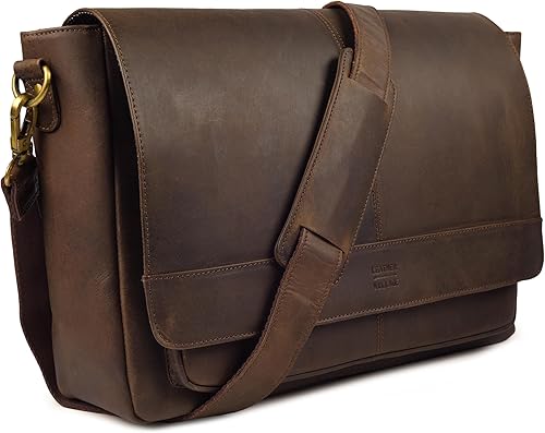 LEATHER VILLAGE Bolso bandolera de cuero vintage, bolso hecho a mano de 15.5 pulgadas para hombres y mujeres, bolso de hombro para oficina, viajes y