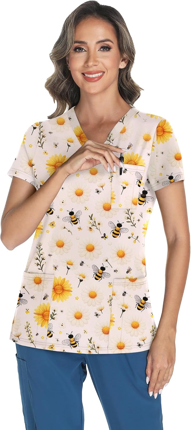 LOMON Women's V Neck Printed Scrub Top with 3 Pockets image 5