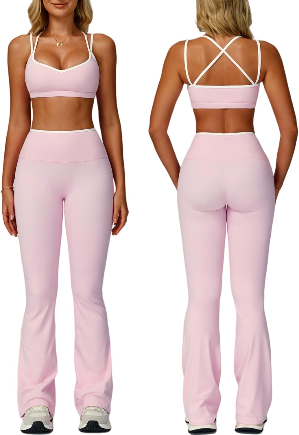 ABOCIW Workout Sets for Women 2 Piece Color Block Strappy Sports Bra High Waist Flare Leggings Gym Yoga Pilates Outfits