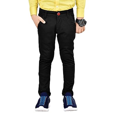 Made In The Shade Boys Slim Fit Solid Chino Trouser with Adjustable Waist Elastic, 100% Cotton, Black