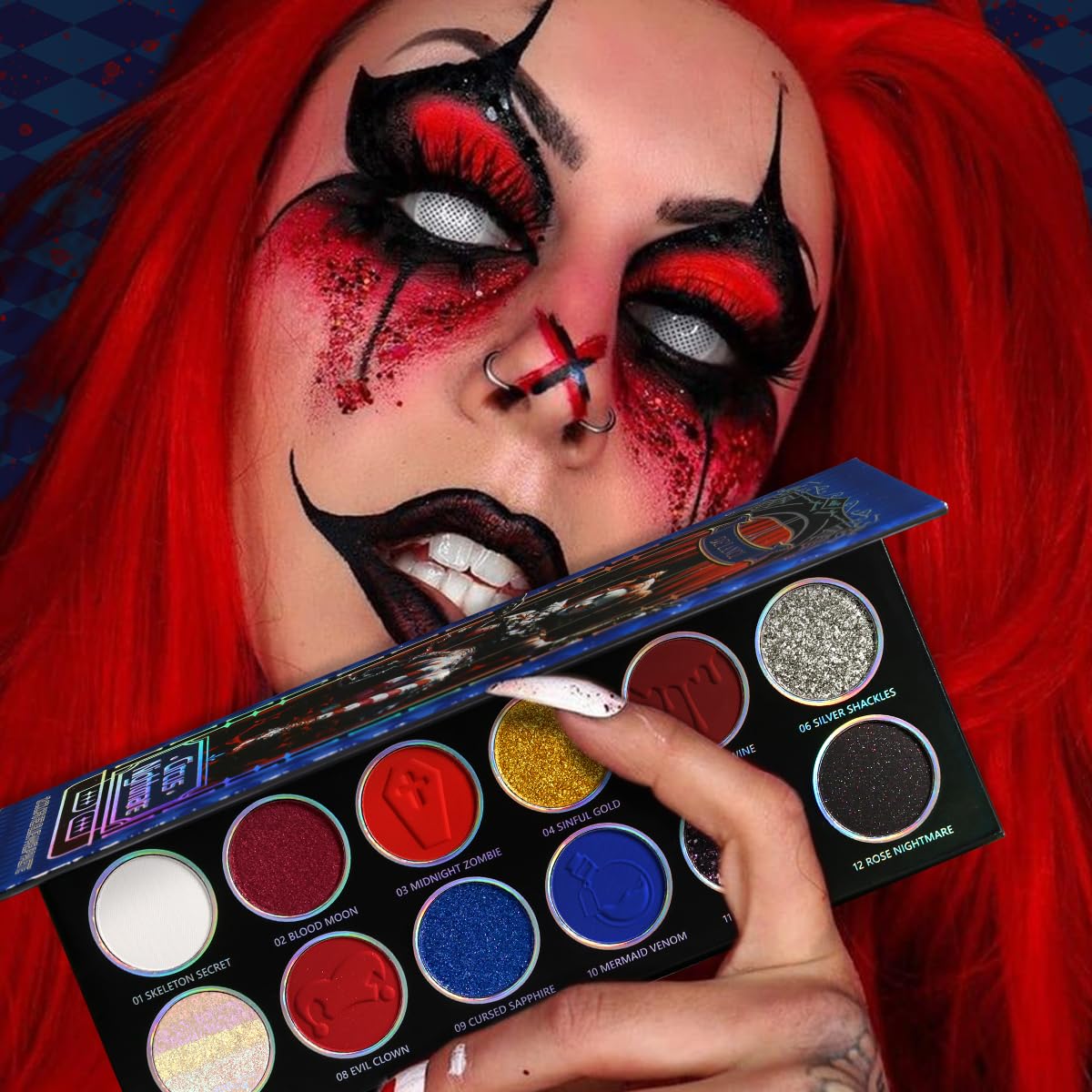 Paleta de sombras de ojos multicolor rojo y azul, sombra de ojos brillante plateada metálica de alto pigmento para maquillaje gótico, payaso/bromista ahumado, camaleón vegano de larga 2
