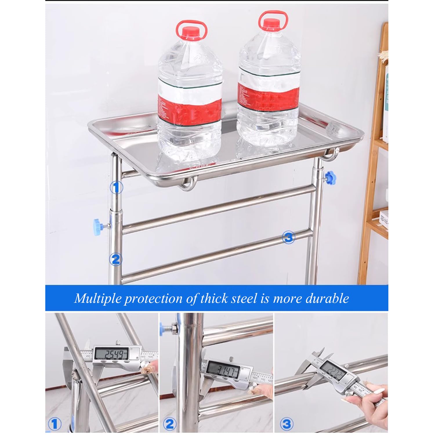 Carrito de Laboratorio con Soporte Bandeja Ajustable Altura del 135-84 cm Carro de Servicio de Acero Inoxidable Movimiento Silencioso para Salón Tatuajes Belleza