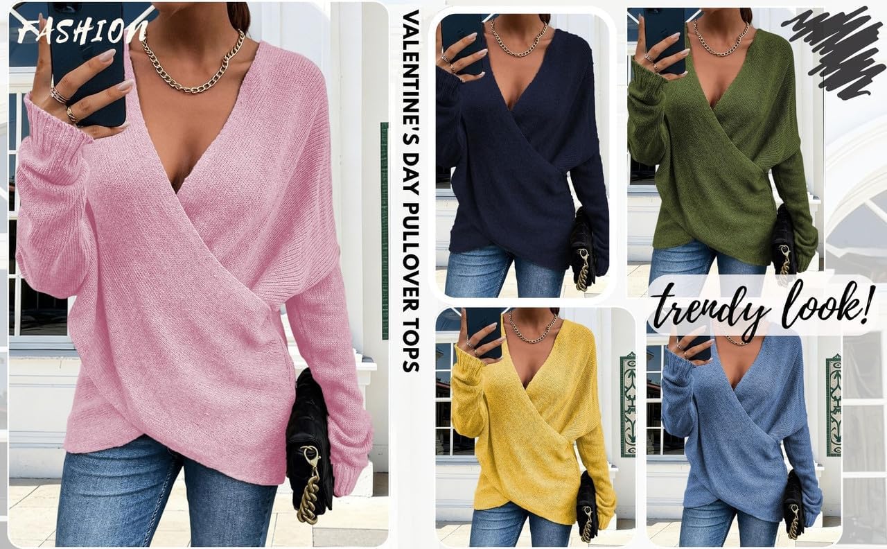 White Vintage Wrap V-Neck Sweaters for Women Long Sleeve Oversized Soft Knit Casual Spring Tunic Sweater