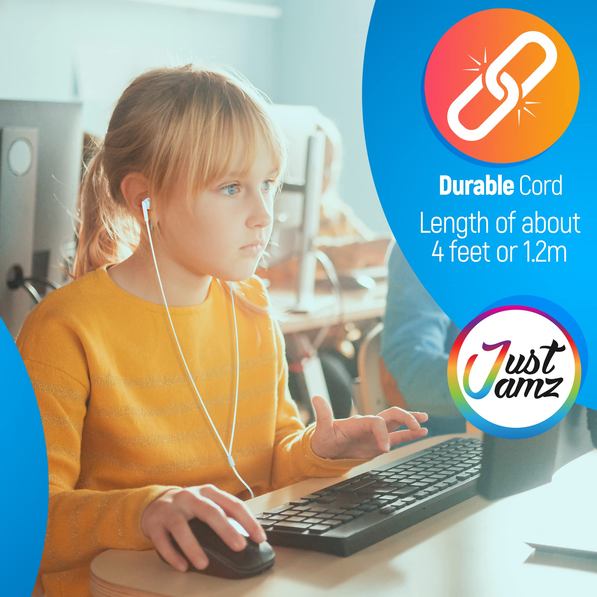 JustJamz® Basic | 100 Stück | Schüttgut einfache Ohrhörer, perlweiße In-Ear-Ohrhörer, 3.5-mm-Audiobuchse, Einweg-Kopfhörer für Schulen, Klassenzimmer und Bibliotheken