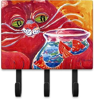 Caroline's Treasures 6048TH68 Big Red Cat at the fishbowl Leash or Key Holder, Wall Hooks, Key Hooks Holder, Coat Rack Wall Mount, Coat Hooks, Hooks for Hanging Keys, Towels, Aprons, Leashes, | Big Red Cat at the fishbowl artwork on ceramic tile with three steel hooks for keys, leashes, towels