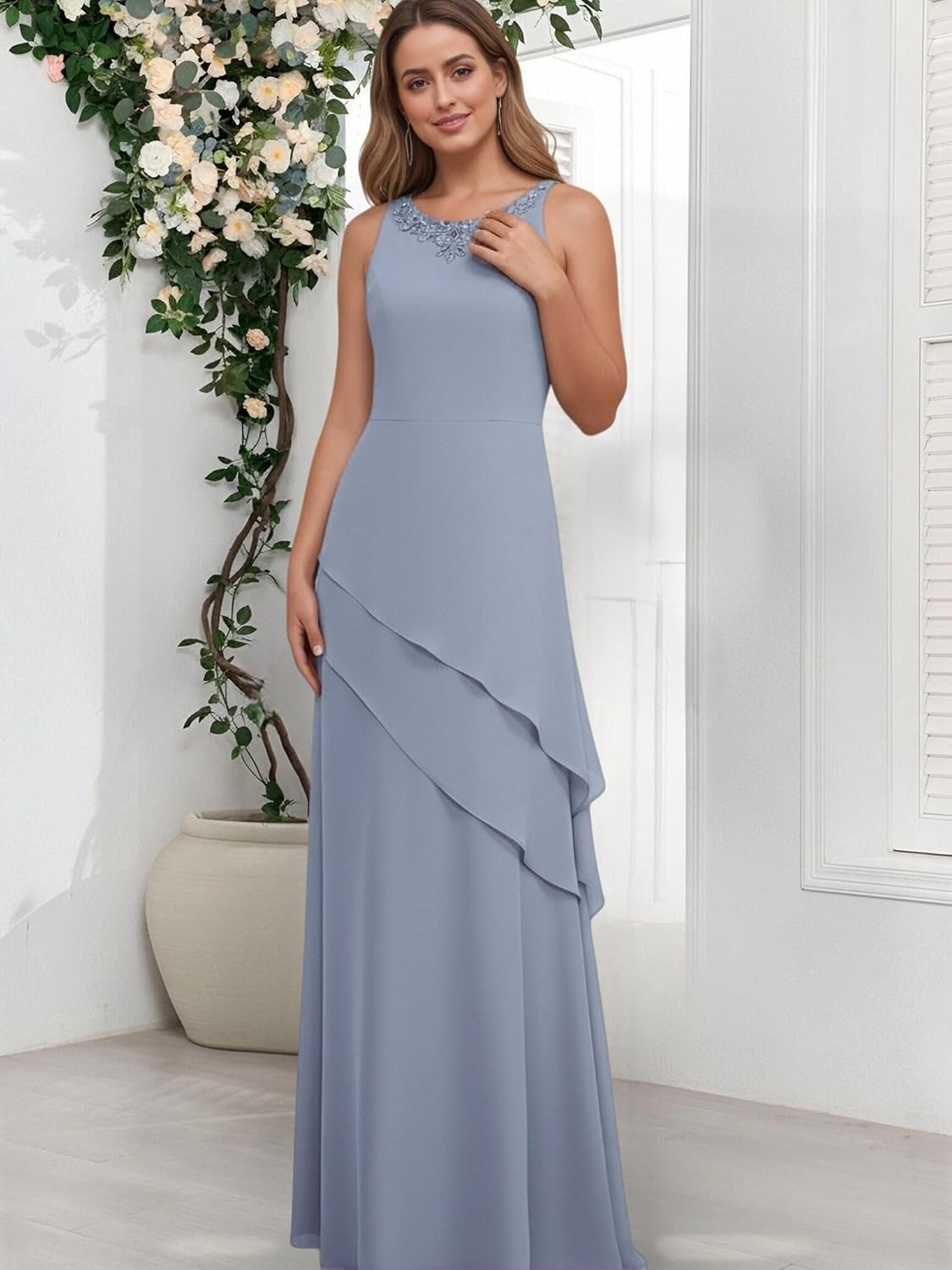 2 Piece Mother of The Bride Dresses for Women Chiffon Beaded Ruffle Long Formal Evening Gown with Jacket - Image 5