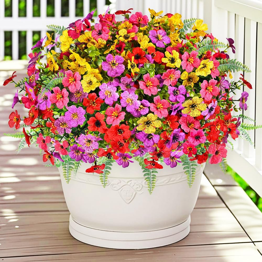 Artificial Faux Plants Flowers Outdoor Decoration,16 Bundles Fake Silk Colorful Daisy Eucalyptus Realistic UV Resistant for Outside Home Planter Porch Patio Yard Decor (Mix Purple Pink Yellow Red) - Image 2