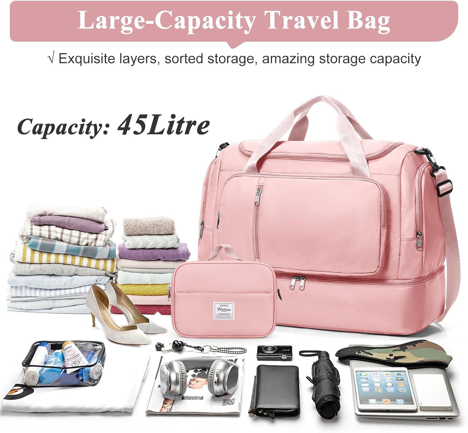 Travel Duffle Bag, Weekender Bags for Women,Overnight Weekend Carry On Personal Item Travel Bag with Shoes Compartment & Toiletry Bag,Pink - Image 3
