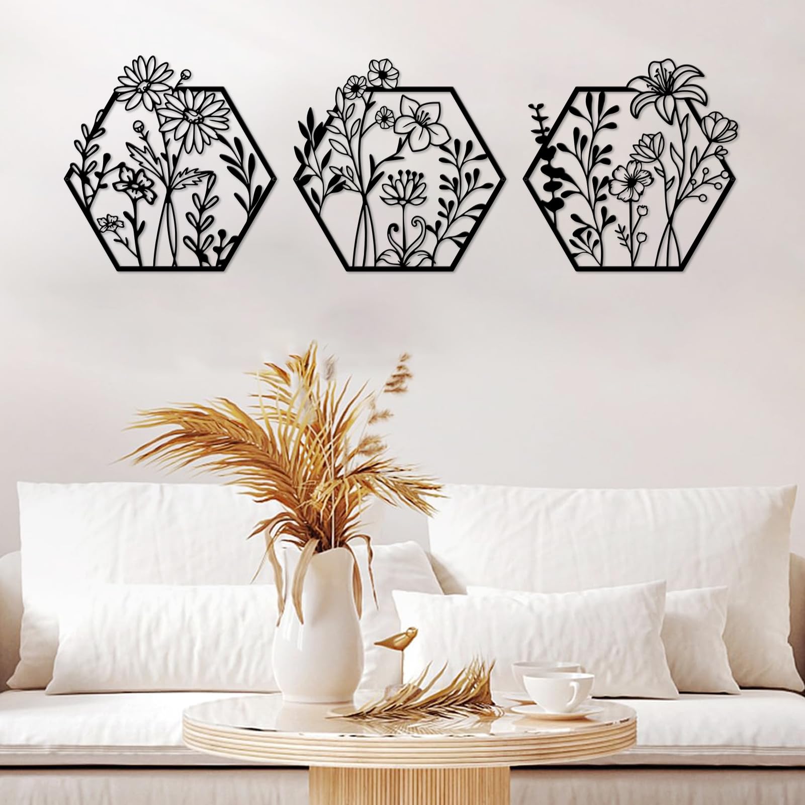 ESTART 3 Pcs Metal Flower Wall Decor, Minimalist Floral Wall Hanging Art