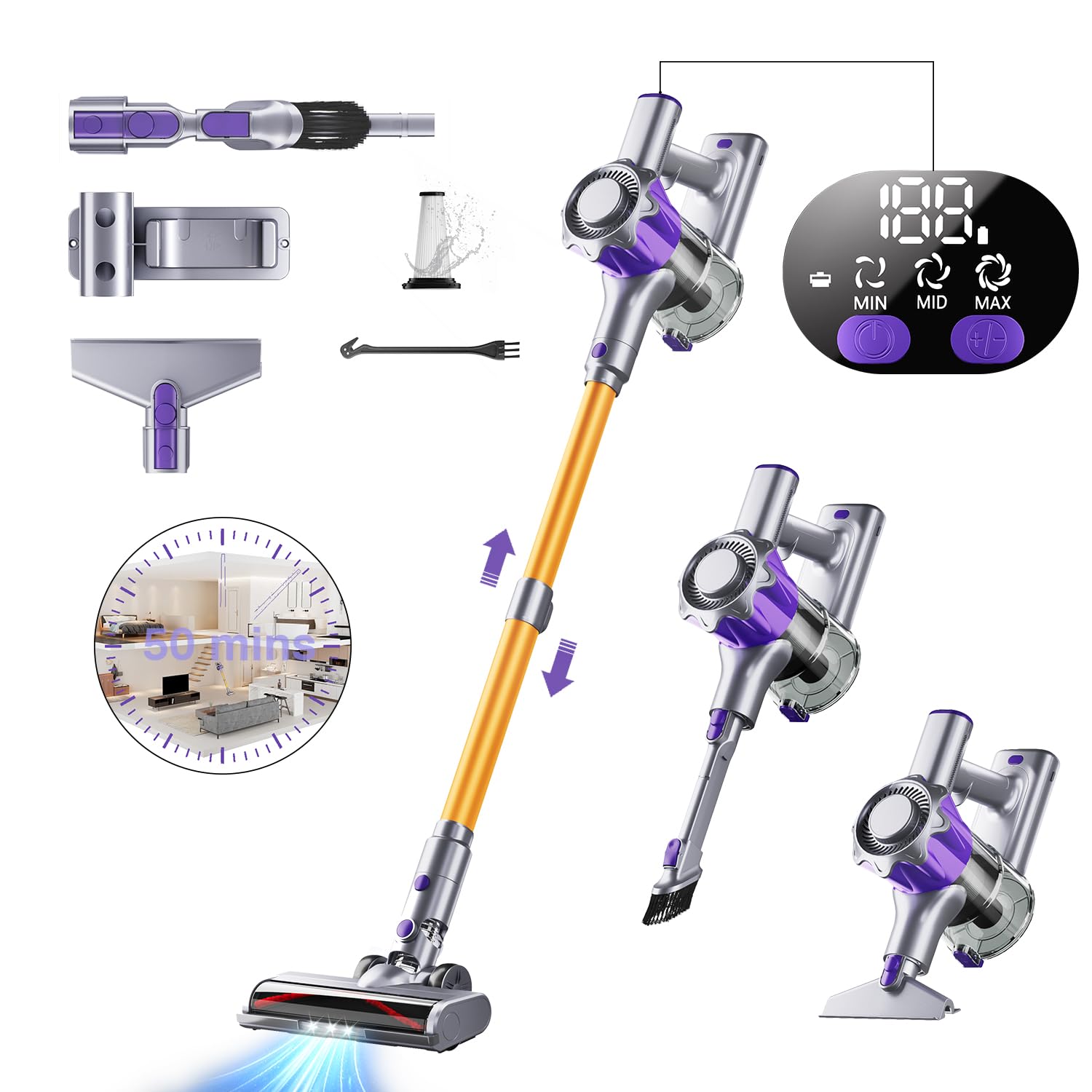 Cordless Vacuum Cleaner, 450W 40Kpa Powerful Stick Vacuum Cleaner, Up to 50Mins Rechargeable Battery, Vacuum Cleaners for Home Anti-Tangled Lightweight Handheld for Hardwood Floor, Carpets, Pet Hair