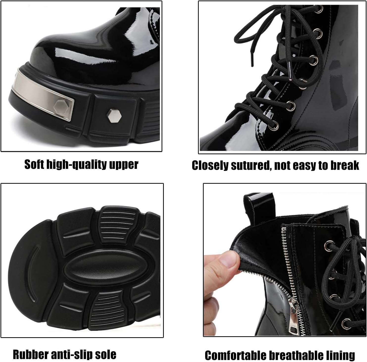 Men's Lace Up Platform Motorcycle Boots Patent Leather Ankle Boots with Side Zipper Comfort Metal Round Toe Punk Outdoor Combat Boots