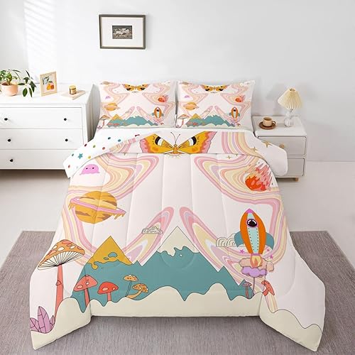 Miniatura 9 de Juego de edredón Kawaii de hongos, tamaño Queen, bohemio, juego de ropa de cama con estampado floral hippie y groovy, juego de ropa de cama y juegos