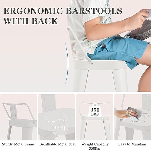 Miniatura 4 de ALISH Juego de 4 taburetes de bar de 24 pulgadas, taburetes de bar industriales de metal con asiento grande para isla de cocina (24 pulgadas, blanco)