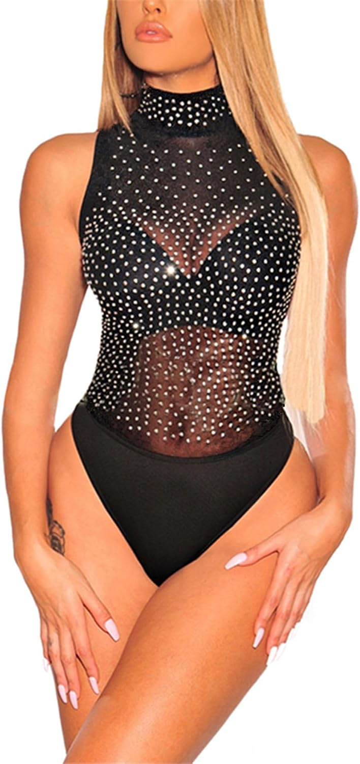 Lrady Women's High Neck Sleeveless Rhinestone Bodysuit Tank Tops
