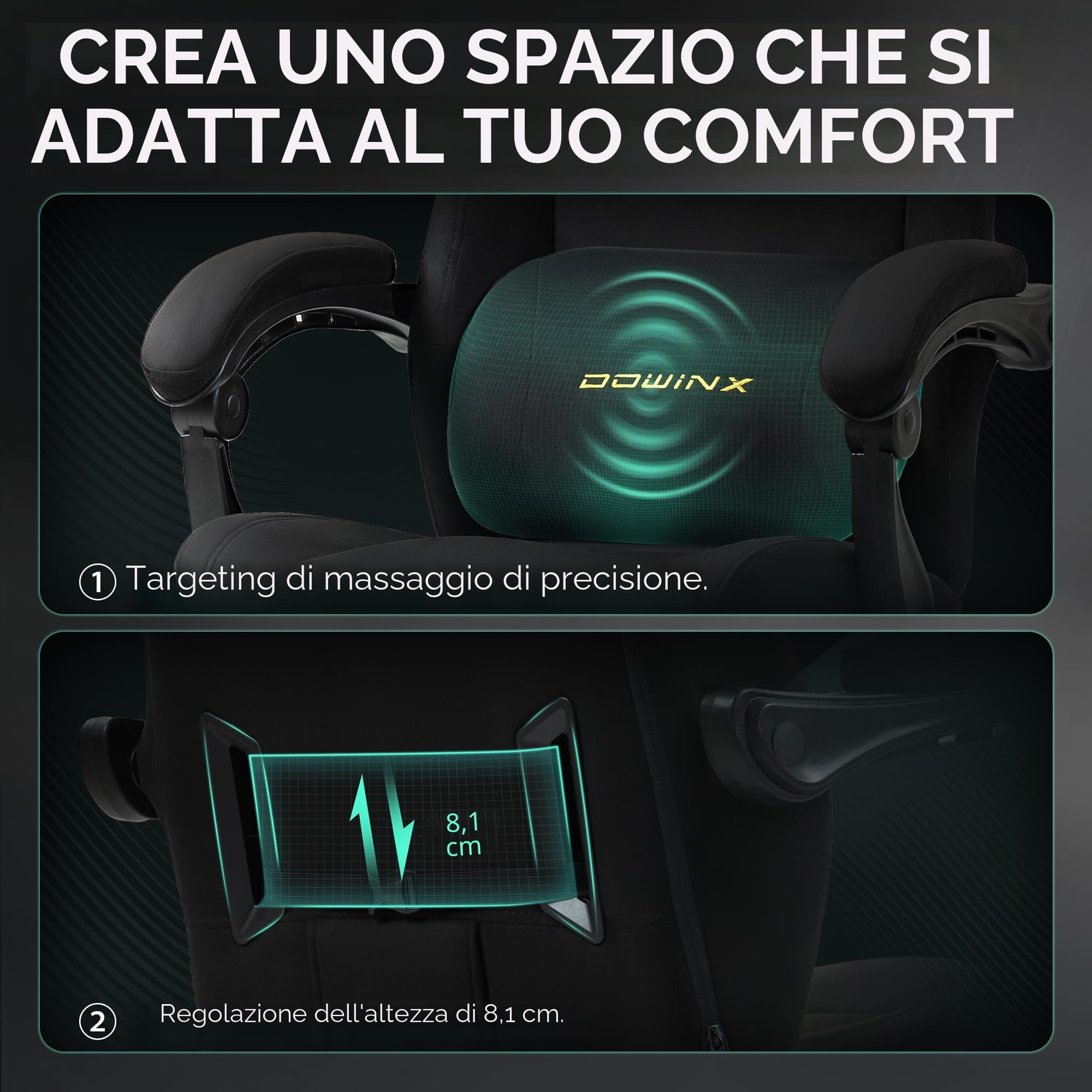 Dowinx Sedia da gaming, ergonomica, con cuscino lombare, poggiatesta regolabile in altezza, cuscino ispessito, poggiapiedi allungabile, braccioli regolabili, velluto in microfibra