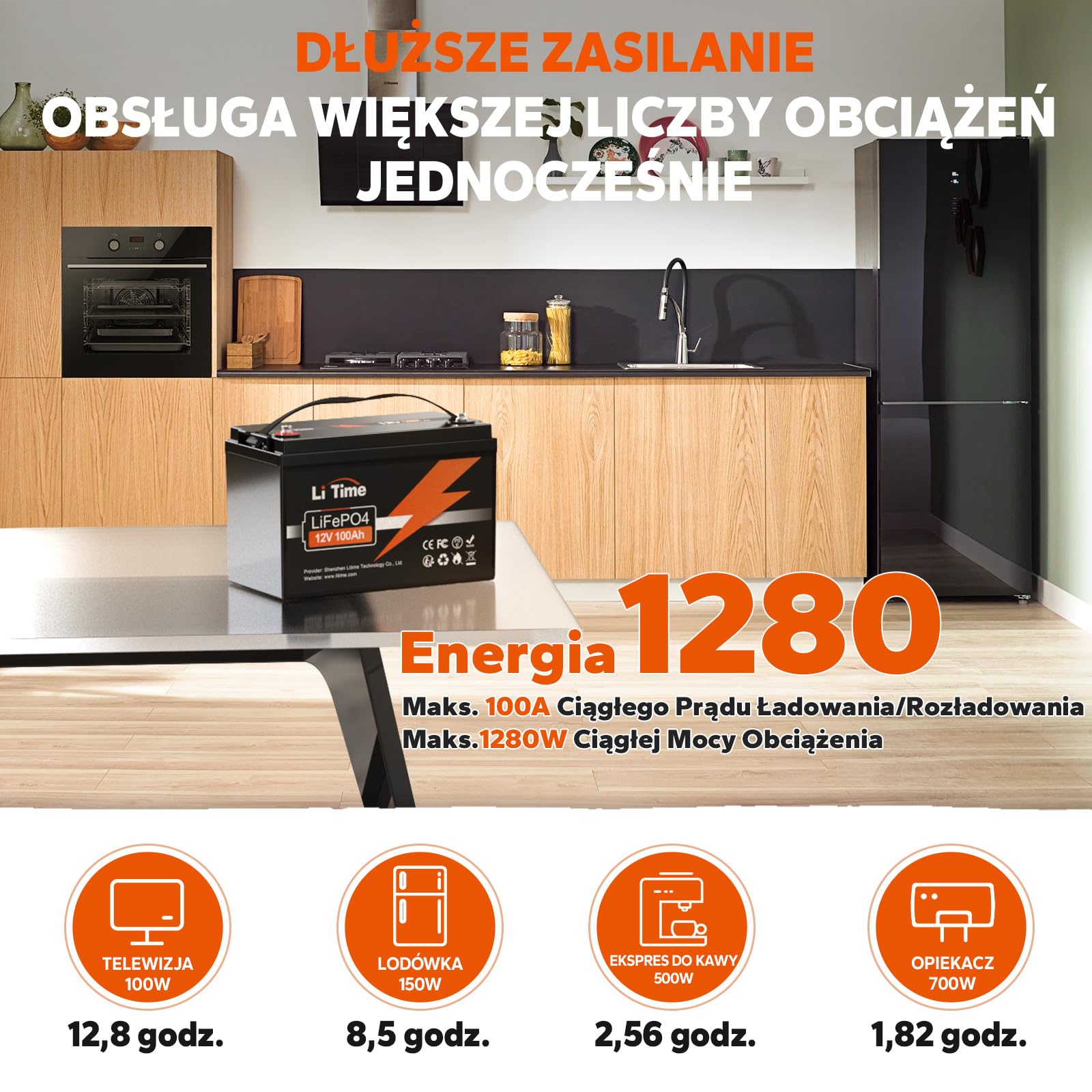 LiTime 12V 100Ah LiFePO4 Akumulator Litowy, Bateria LiFePO4 z Płytką BMS 100A, Do 15 000 Cykli i 10 Lat Żywotność, Akumulator LiFEPO4 Idealny Do kamperów, Zastosowań Poza Siecią, Energia Domowa