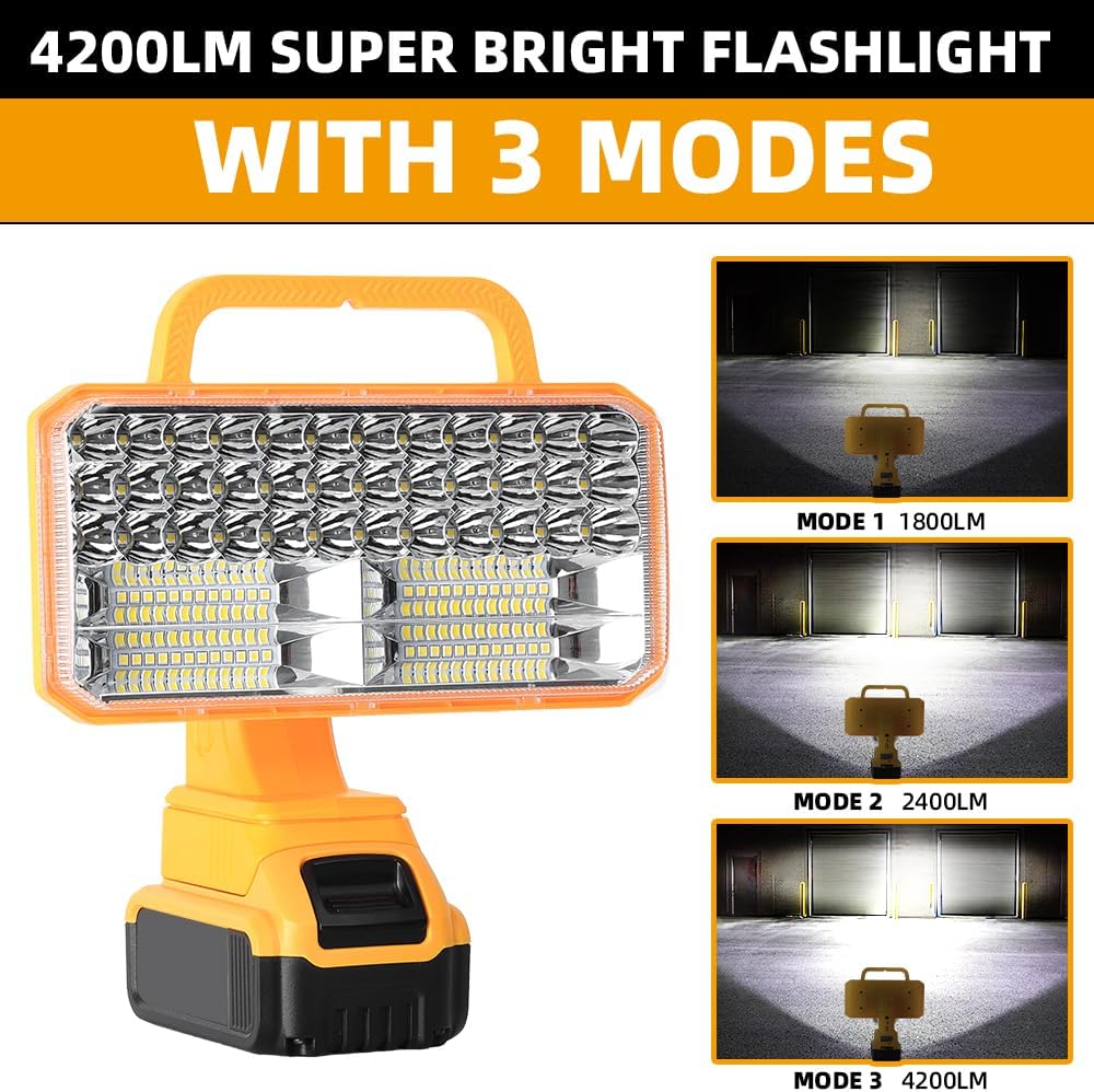 Portable utility lights 4200LM Light Compatible with Dewalt 20V Max Lithium-ion Battery, 40W Flashlight with USB Port, LED Work Light for Emergencies, Camping, Outdoor, Indoor(Battery not Included)