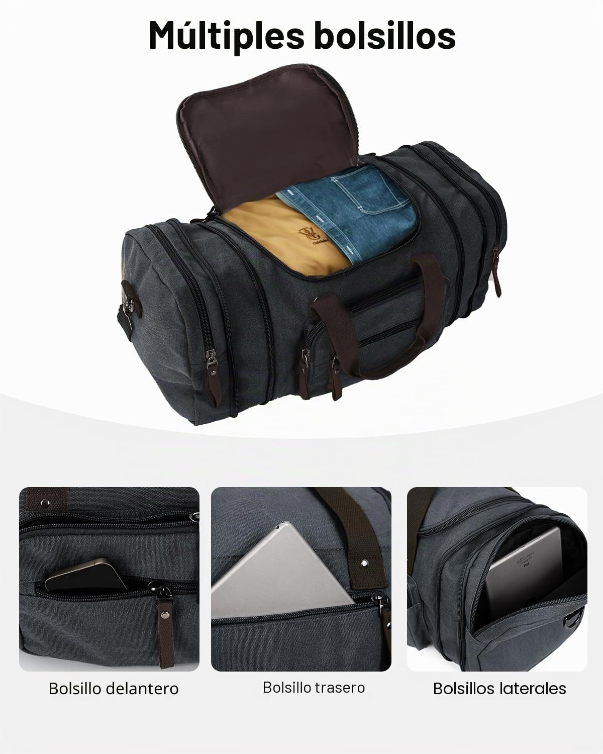 Bolsa de Viaje Expandible, 35-40L Bolsa de Viaje la Lona con Bolsillo múltiple, Grande Retro Weekender Bolsa de Deporte para Hombre, Negro
