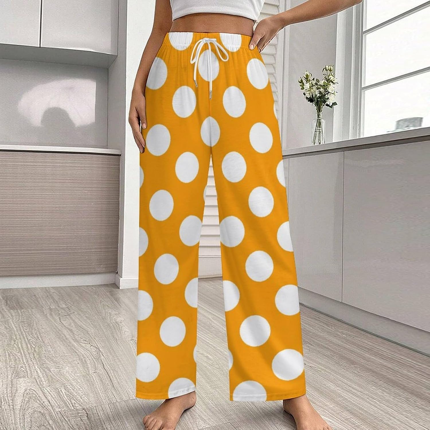 Orange Polka Dot Women Pajama Pants Lounge Sleep Bottoms with Pockets Sleepwear