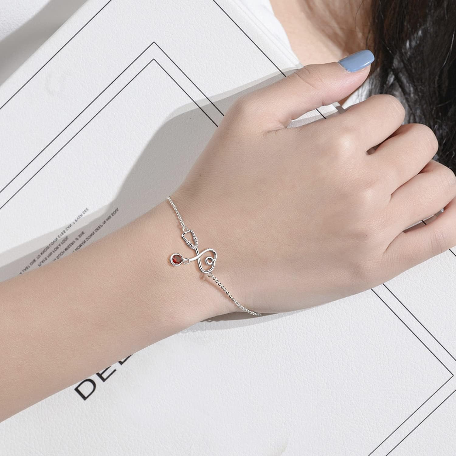Palpitate Nurse Bracelet 925 Sterling Silver Women Birthstone Stethoscope Jewelry Nurse Gift to NR Nursing Graduation Birthday Adjustable Chain - Image 5