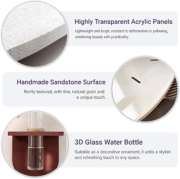 Modern Artistic Wall Clock with 3D Glass Vase & Sandstone Panel, Silent Non-Ticking Decorative Wall Clocks, Easy to Read, for Bedroom, Kitchen, Home, Office, School, Hotel