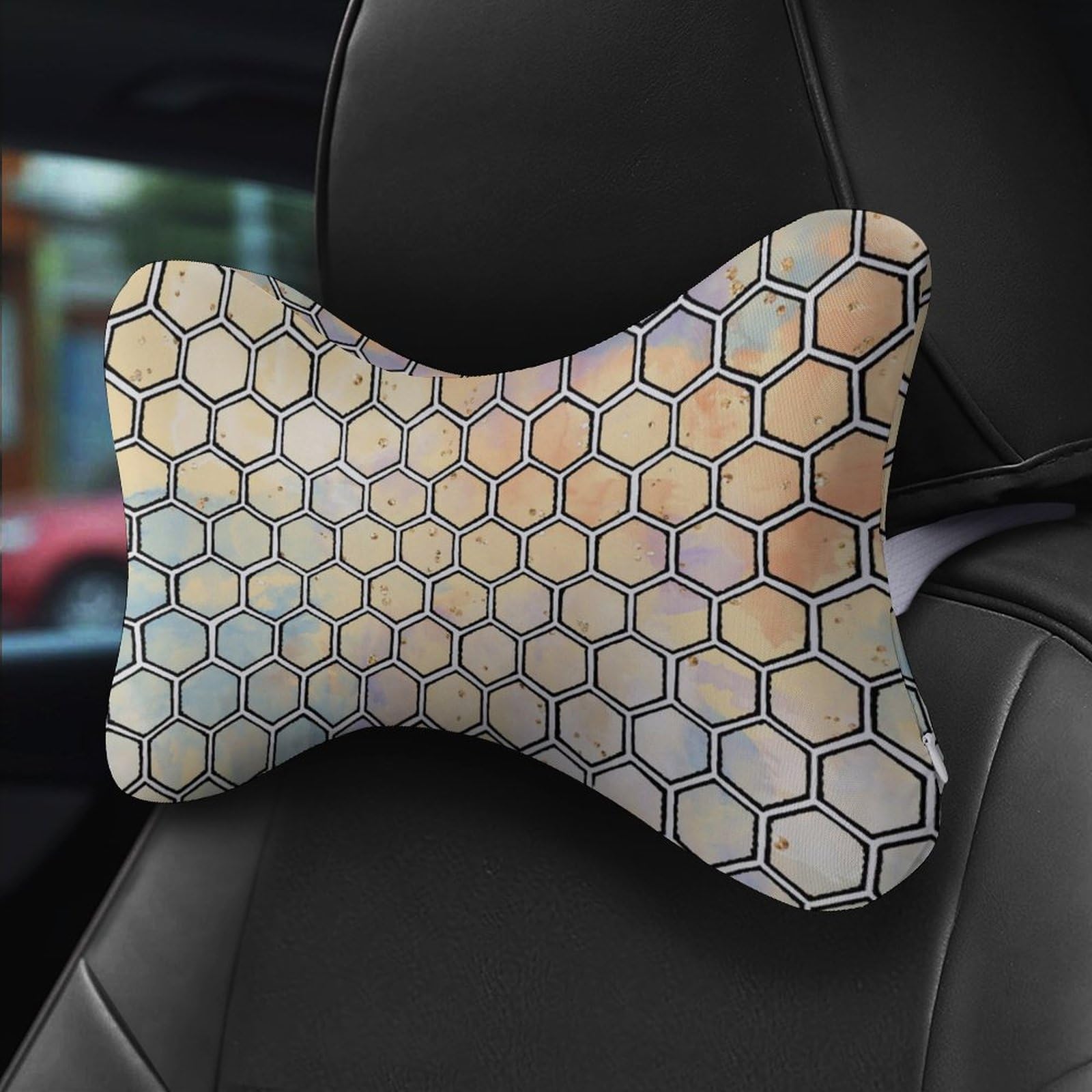 SMAZDFXX Colorful Honeycomb Car Neck Pillow Set of 2 Car Seat Head Support Cushion Bone Pillows with Elastic Strap