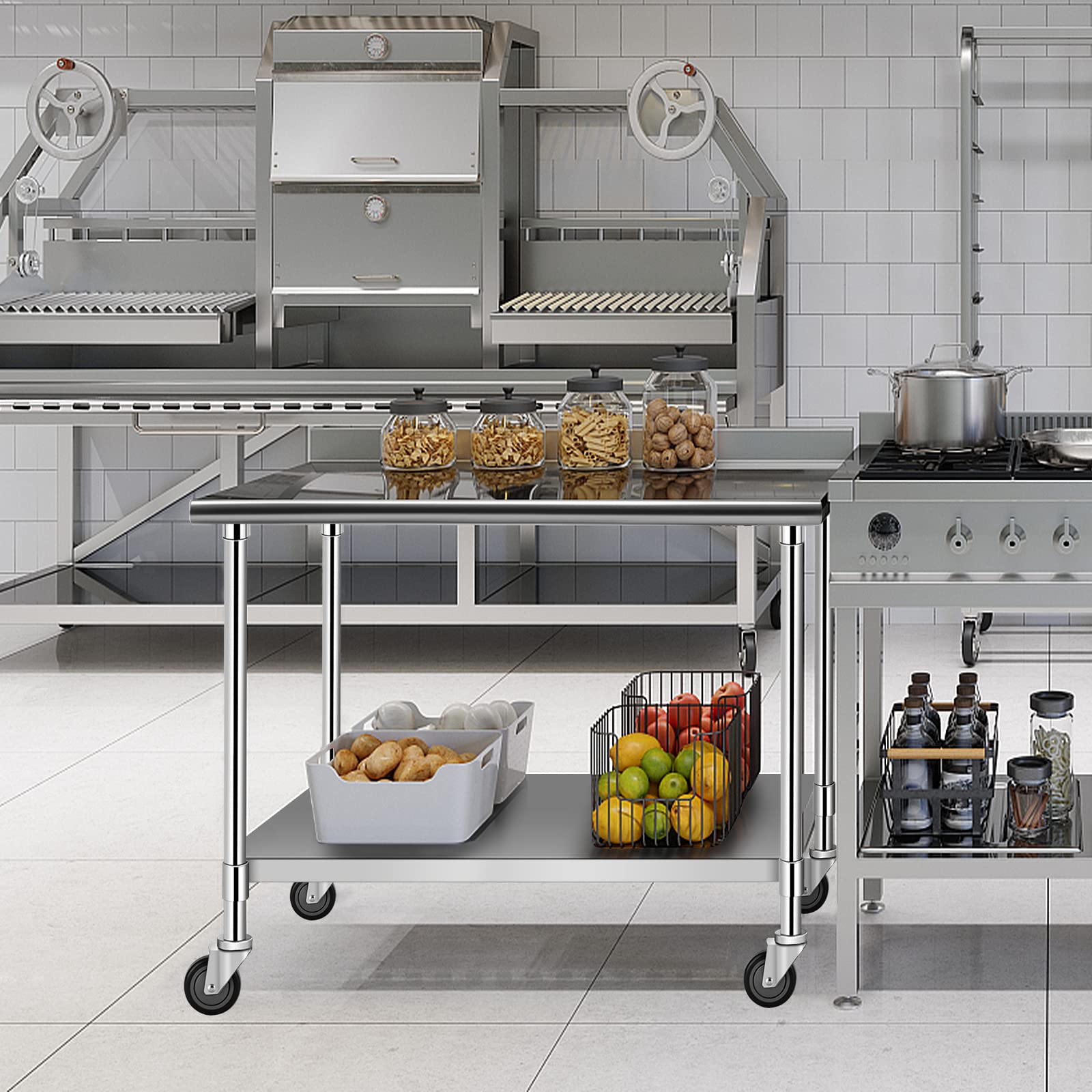 GIANTEX Tavolino da Lavoro, Banco da Lavoro, Tavolo in metallo con Ruote, Tavolo da Cucina in Acciaio, Ideale per Supermercato, Ristorante e Negozio, Elevata Capacità di Carico, Argento