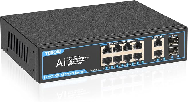 PoE Gigabit Switch 8-Port with 2 uplink & 2 SFP TEROW 12-Port PoE+ Ethernet&10-Port Network Switches,120W,802.3af/at Compliant, Plug & Play, Metal Fanless with Shielded for Home/soho Office
