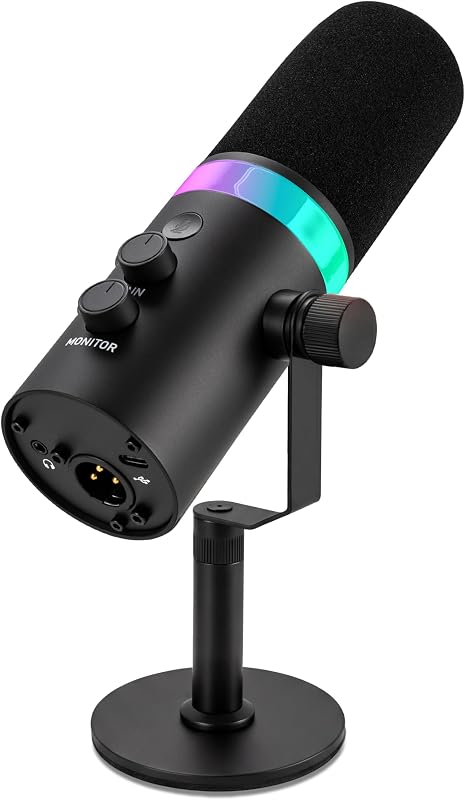Micrófono dinámico USB/XLR para podcasting, streaming y juegos, micrófono de grabación cardioide con iluminación RGB, botón de silencio, monitoreo de latencia cero, control de volumen y soporte de escritorio (PDMIC7B)