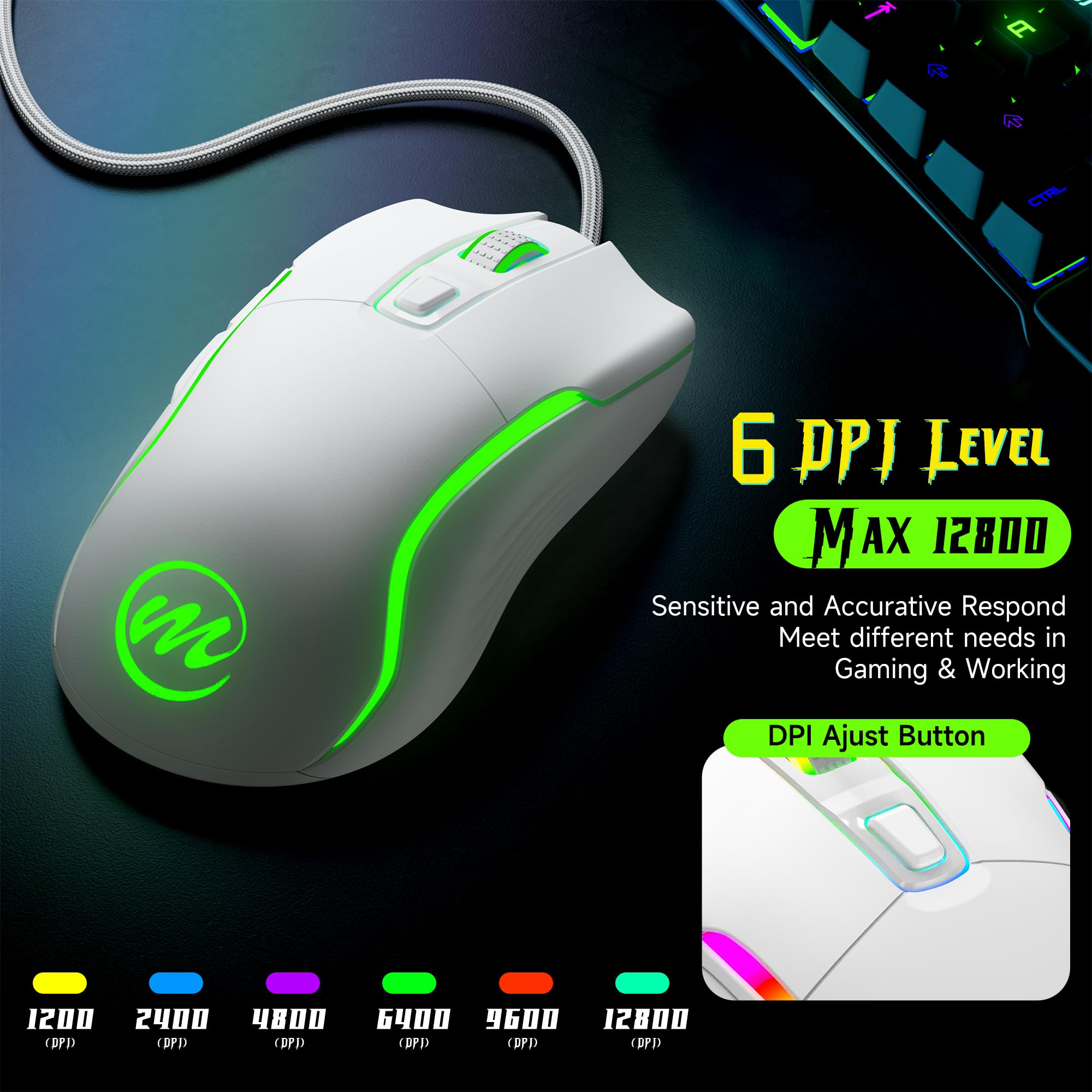 memzuoix Mouse Gaming con Cavo e Luci LED – 12.800 DPI Regolabili, 6 Pulsanti, 12 Modalità RGB, Rotella Ergonomica Antiscivolo – Compatibile con Windows/Mac