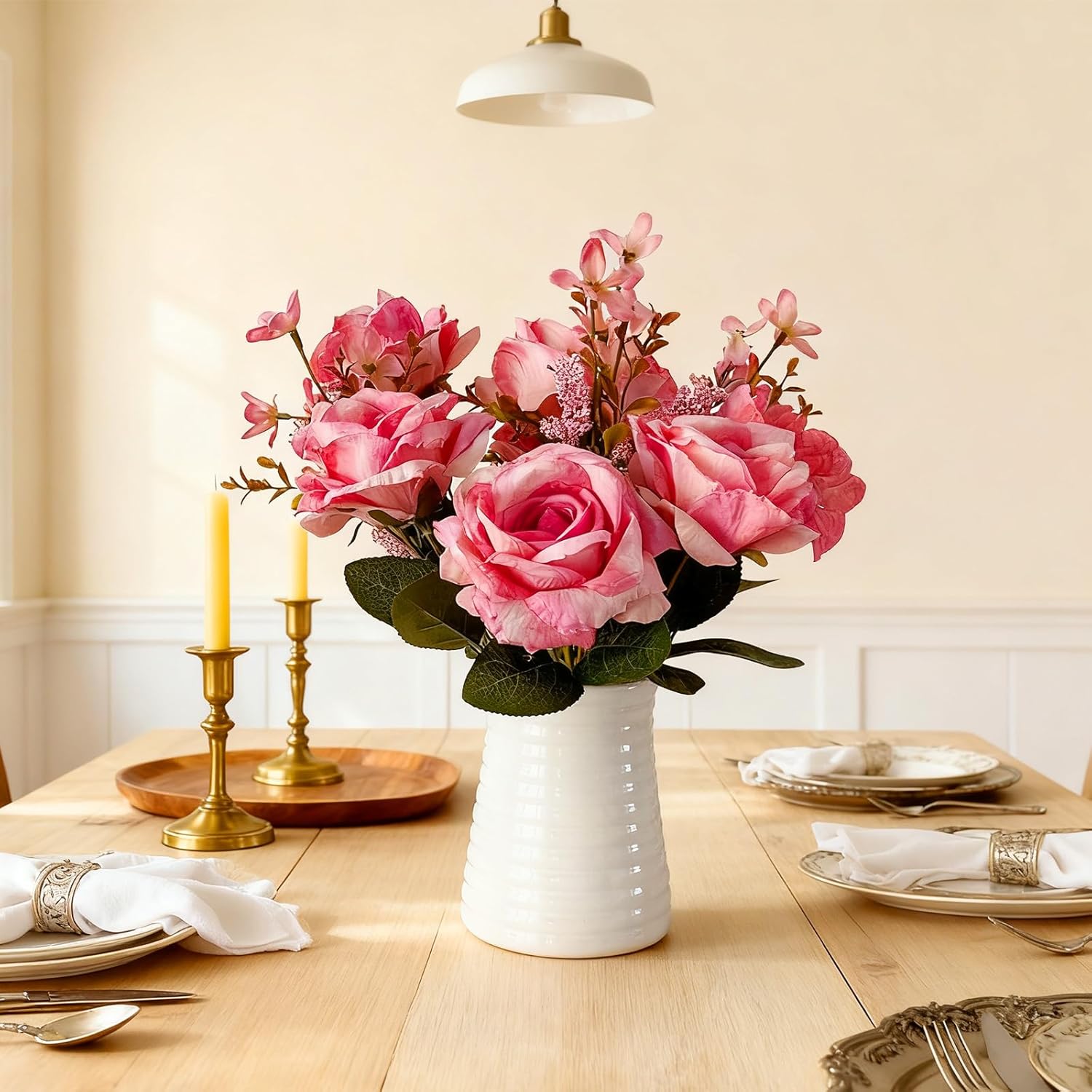 Artificial Rose Arrangement in White Ceramic Vase, Pink Silk Flowers with Foliage, 10 Inches Tall, Modern Contemporary Style for Home, Office, Wedding Decor