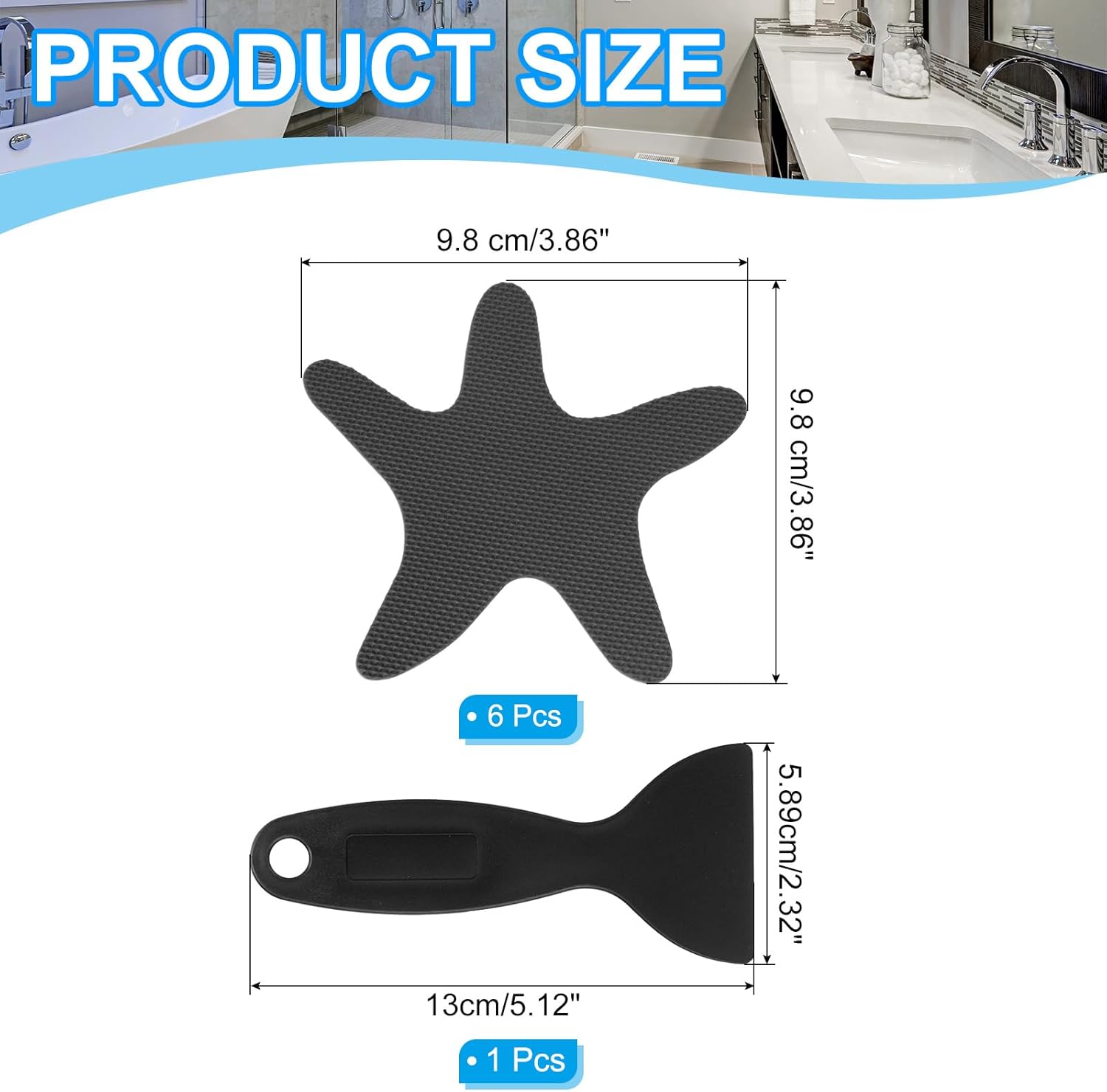 PATIKIL Bathtub Non Slip Stickers 3.86x3.86 Inch, 6 Pack Starfish Safety Shower Floor Anti Slip Stickers with Adhesive Decals Scraper for Bath Tub Shower Floor Stair, Black