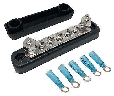 5 Terminal Bus Bar Kit for Power and Ground Distribution - Heat Shrink Ring Terminals and Cover Included