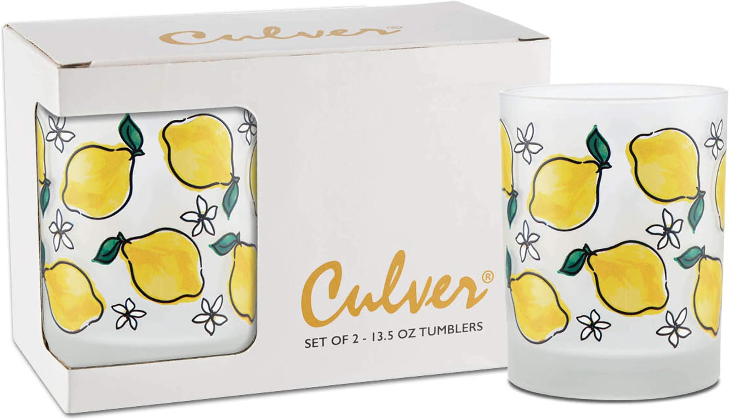 Culver Everyday Decorated Frosted Double Old Fashioned Glasses, 13.5-Ounce, Gift Boxed Set of 2 (All Over Lemons)