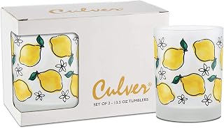 Culver Everyday Decorated Frosted Double Old Fashioned Tumbler Glasses, 13.5-Ounce, Gift Boxed Set of 2 (All Over Lemons)
