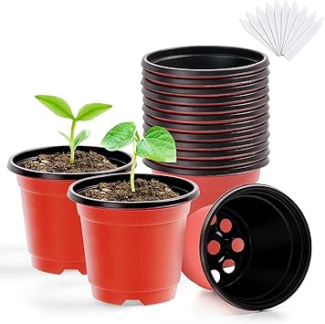 Homenote Nursery Pots for Plants,3.5 Inch Plant Pot for Planting Plastic Seedling Pots with Drainage Holes Flower Indoor Seed Starter Pot Outdoor High with Bonus 10 Plant Labels Red 15 Pack