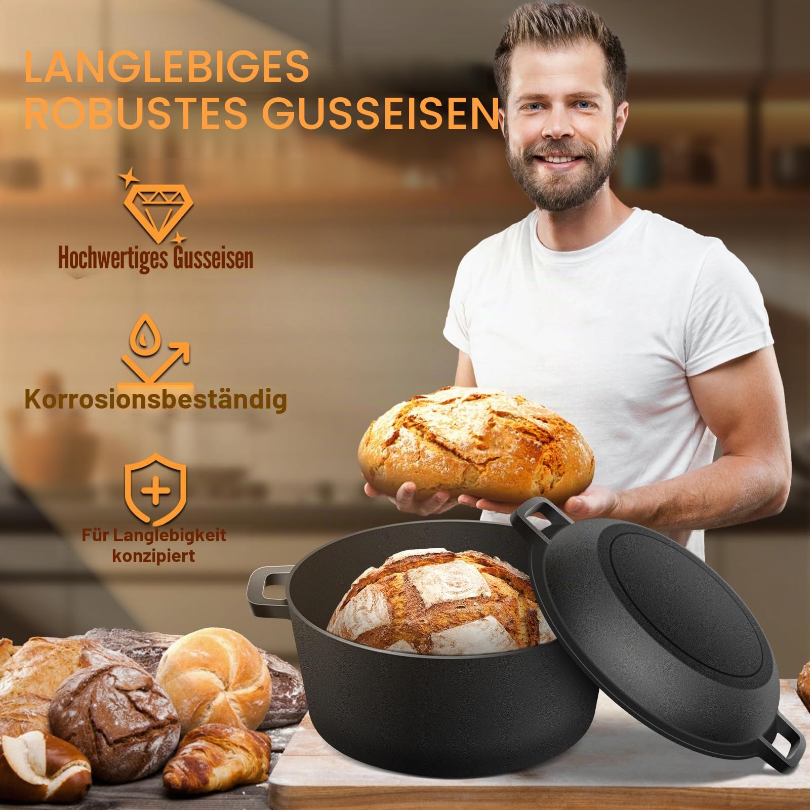 NZQXJXZ Sauerteig Brot Bakset mit Gärkorb, Brotbackset, 100% Natürlichem Rattan Gärkörbchen, Gusseisen Topf Brot Backen Set für für Anfänger | Banneton Brotgärkorb Sauerteigbrot Backzubehör Dutch Oven Topf mit Bratpfannendeckel Kochpfannengriffe Lame, 5QT
