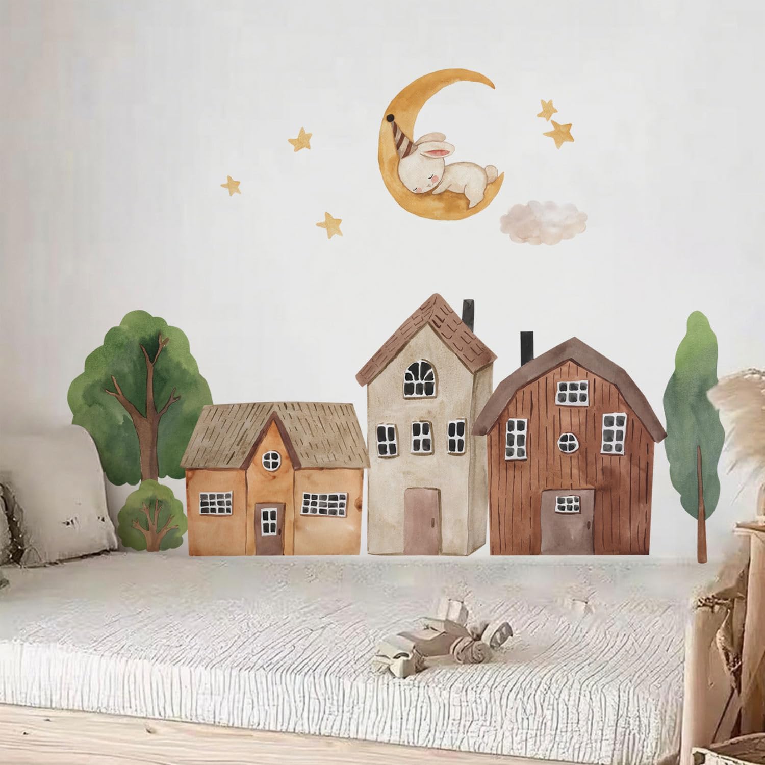 47.24×16.93in Large Watercolor Building Fabric Wall Mural Sticker,City Town Decal Peel&Stick Removable DIY Art Wall Decor for Nursery Kids Room Babyroom Gifts-1 Roll 3sheets