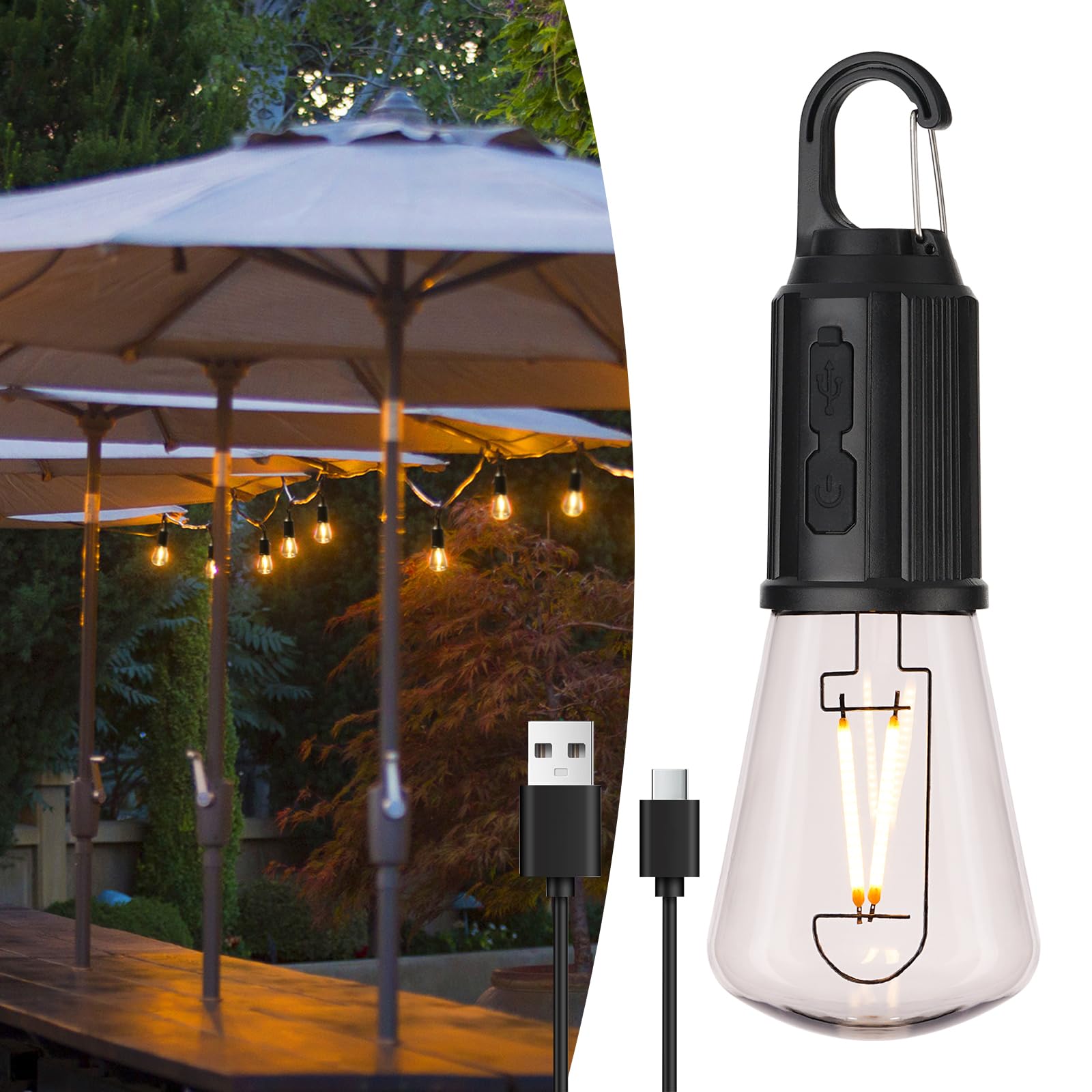 BRIGHFIVEY Battery Operated Rechargeable LED Lights Bulbs 2w 2700k Soft White,3 Light Modes with Hook for Outdoor Umbrella Lights,Patio,Waterproof Portable Cordless Light Bulb 1 Pack