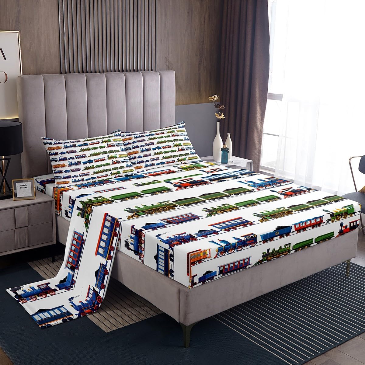 Castle Fairy Kids Train Bed Sheet Set Twin for Youth Boys,Colorful Steam Engine Train Fitted Sheet,Girls Toddler Train Transportation Bedding Set 3Pcs (1 Fitted Sheet+1 Flat Sheet+1 Pillowcase)