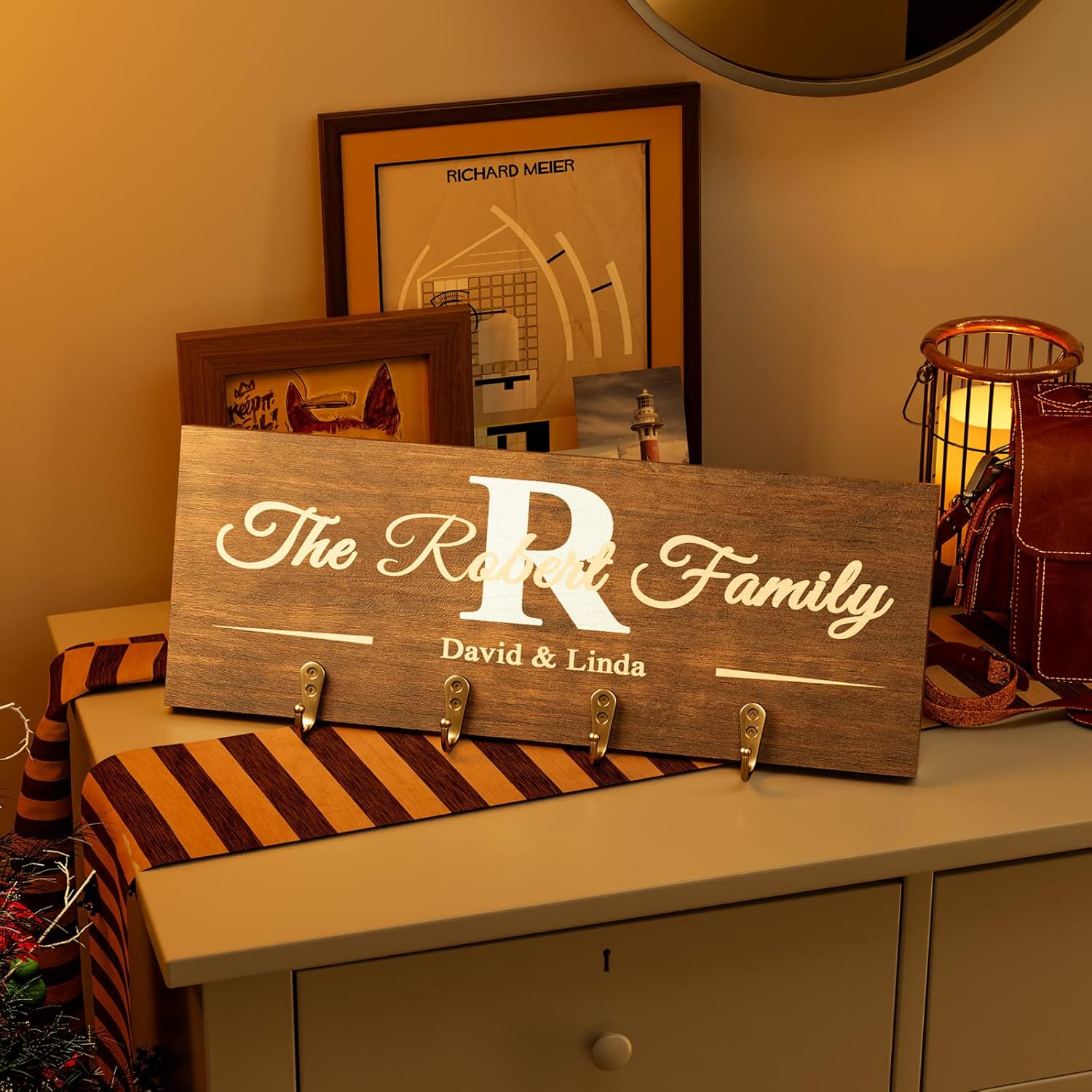 Personalized Wood Key Hooks for Wall Decor, Housewarming Gifts for New Home, Custom Family Name Sign for Wedding Gifts, Storage for Outgoing Items, Living Room Entrance Home Decor 15.8 x 6 in