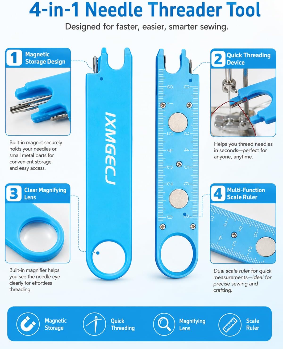 Magnetic Seam Guide 3 in 1 Sewing Tool Quick Machine Needle Threader