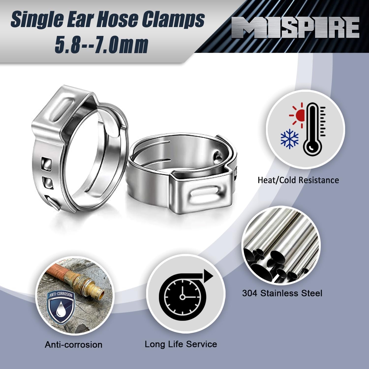 Pack of 50 5.8-7.0mm Single Ear Hose Clamps, MISPIRE 304 Stainless Steel Crimp Hose Clamps for Securing Pipe Hose, Automotive, Home Appliance