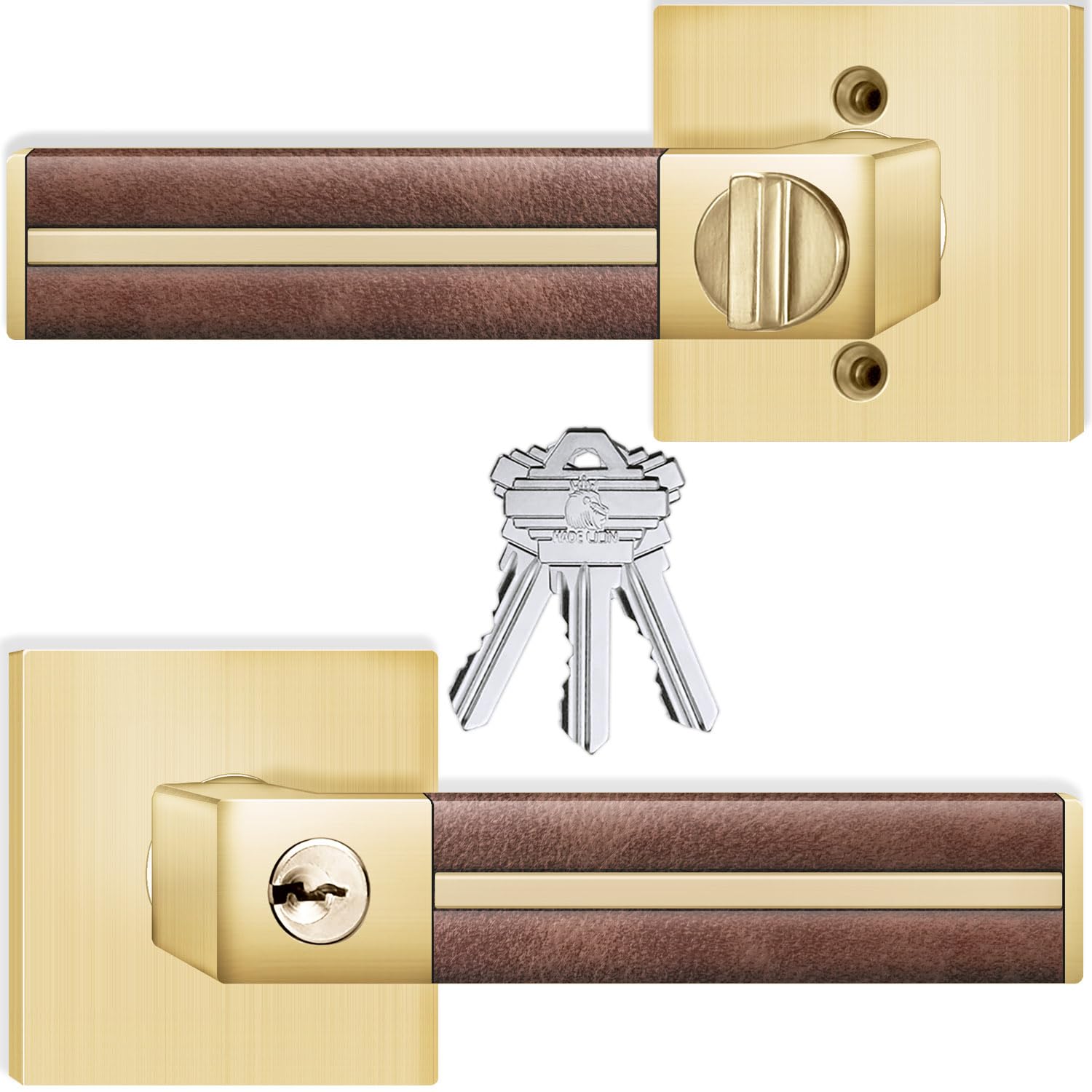 Entry Satin Brass Gold Door Handles Interior with Lock and Key, Brown Leather Door Knobs Interior, Bedroom Heavy Duty Door Lever 1 Pack