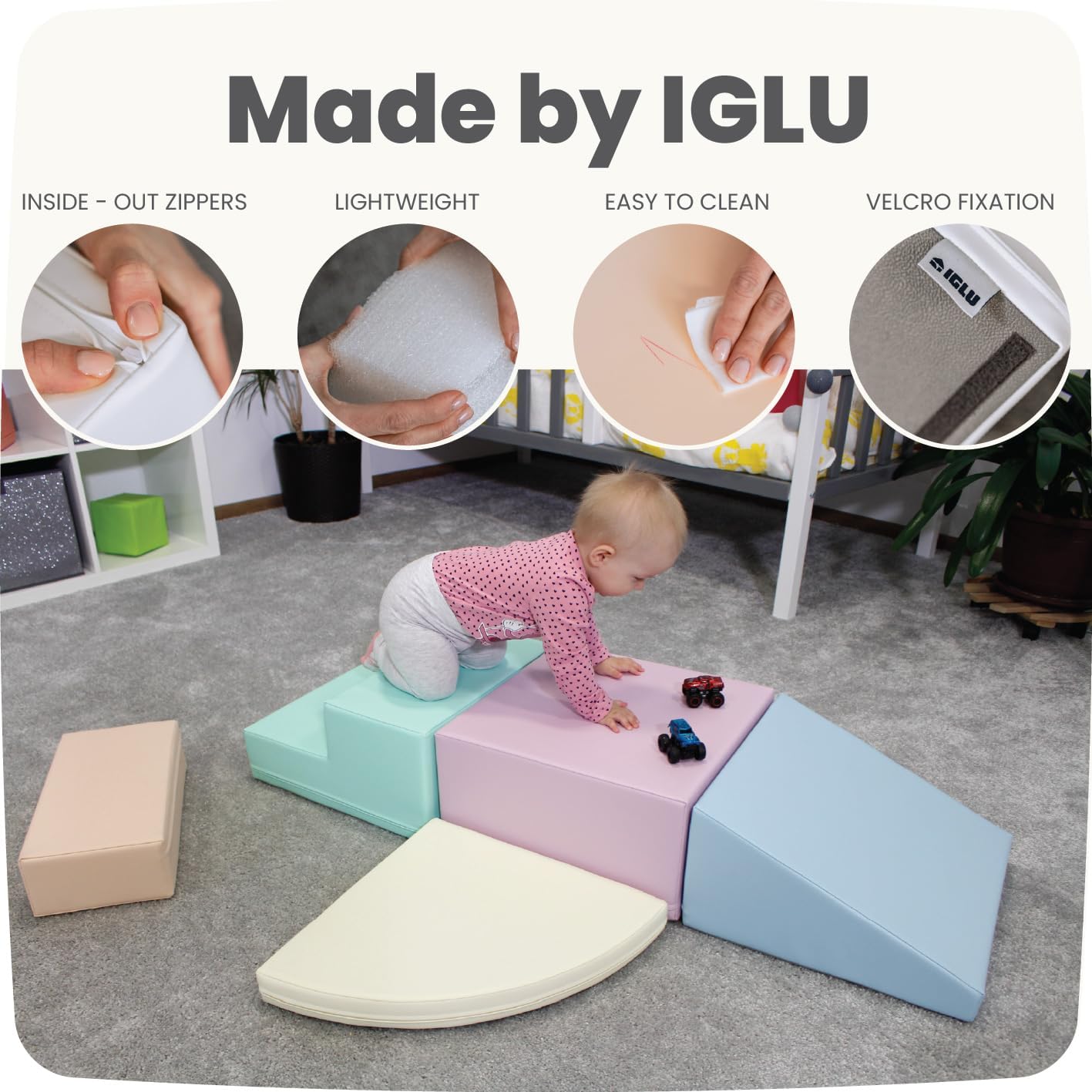 IGLU Soft Play Montessori Large Foam Blocks in Pastel Baby Crawling Helper Forms and Slide Indoor Climbing Toys for Toddlers 1-2