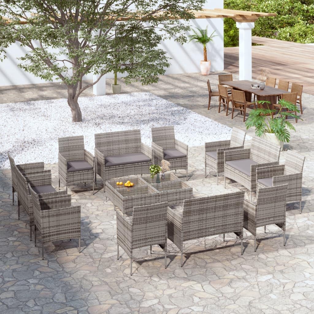 Juego de salón de jardín de 16 piezas con cojines de ratán sintético en color gris, compuesto por marco de acero con recubrimiento en polvo y placa de cristal para disfrutar de horas relajadas