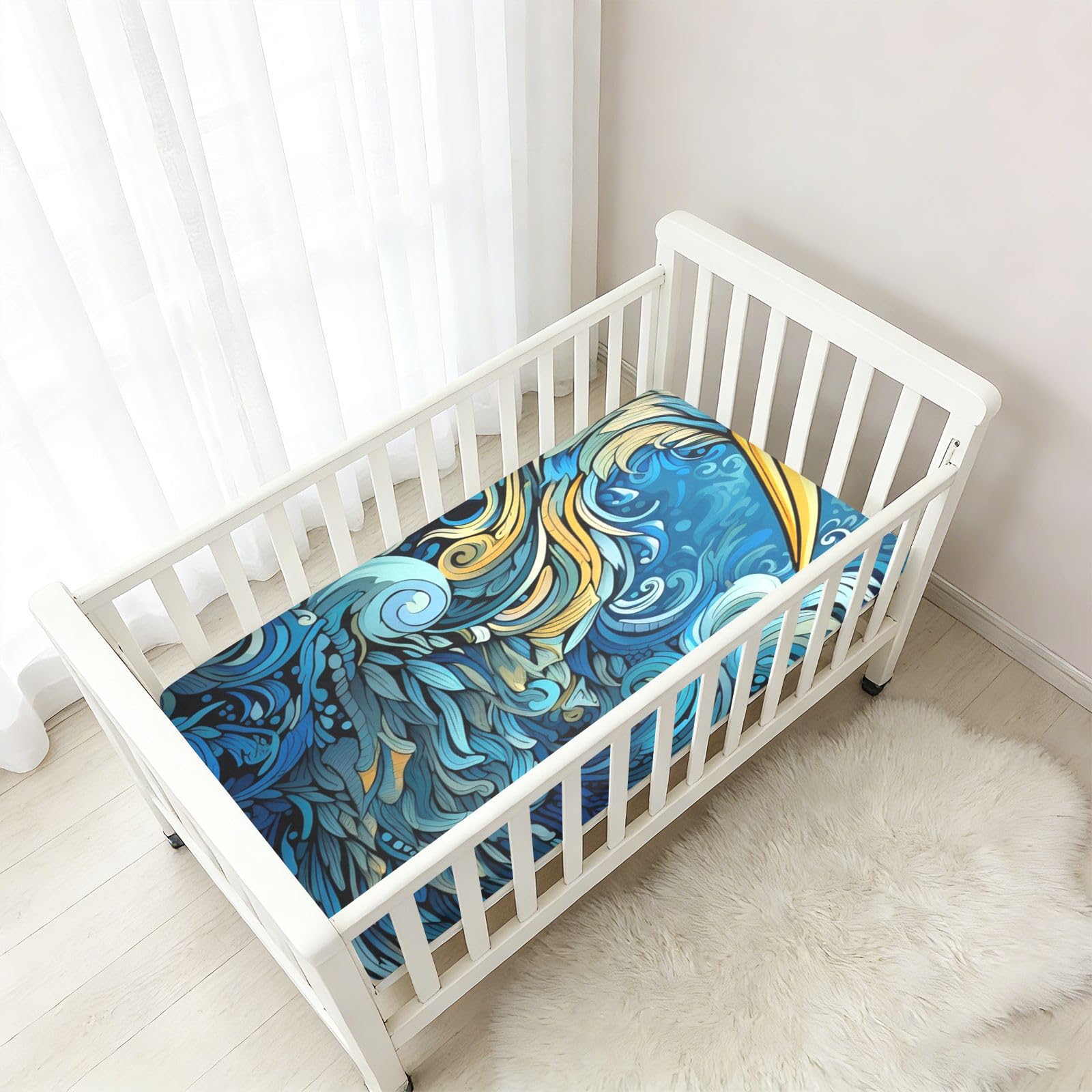 Arte Abstracto PáJaro Azul Sábana de Cuna para Niños Pequeños,Sábanas de Algodón Suave para Bebés Aptas para Colchón Corralito