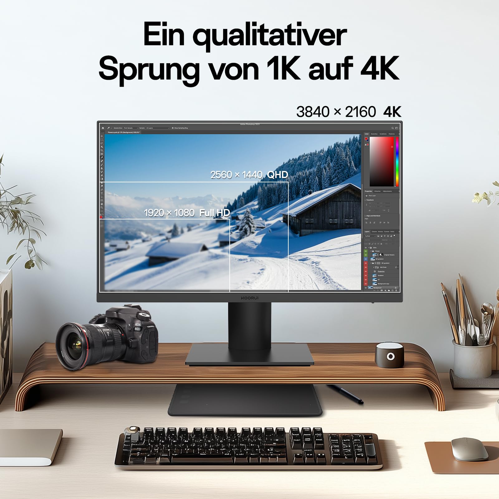 KOORUI 32 Zoll 4K Monitor, UHD 3840 x 2160, 60Hz, VA Panel, Lautsprecher | Adaptive Sync, HDR10, 95% DCI-P3, Low Blue Light Eye Care, HDMI 2.0/DP 1.4, VESA 100x100 mm, Homeoffice Büro Gaming Monitor